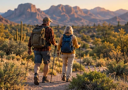 Two mature hikers with backpacks and trekking poles exploring a sunlit desert trail.