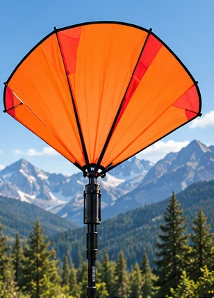 Concept of the fully deployed orange canopy on a hiking pole.