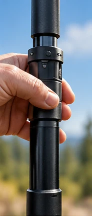 Concept close-up of a hand on the sliding release of a trekking pole.