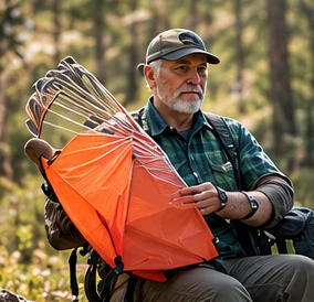Concept hiker holding the canopy as a hand fan.