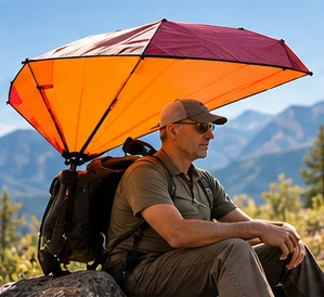 Concept hiker resting beneath the orange canopy.