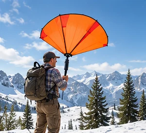 Concept hiker raising a bright orange canopy against a snowy mountain backdrop.