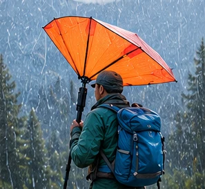 Concept hiker carrying an open canopy in the rain.